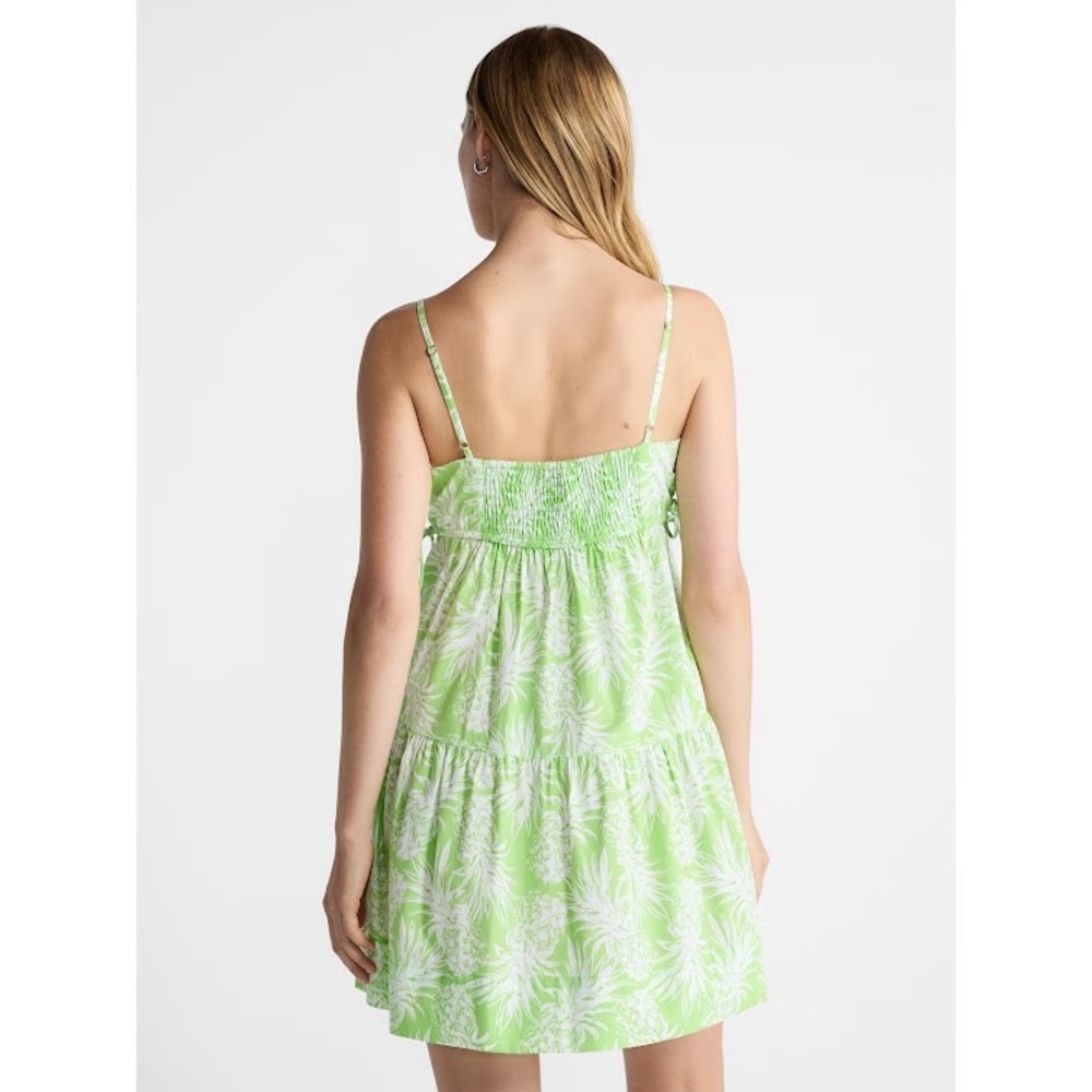 Green Pineapple Print Tiered Mini Dress V-Neck Smocked Back Side Ties Summer - Picture 3 of 5